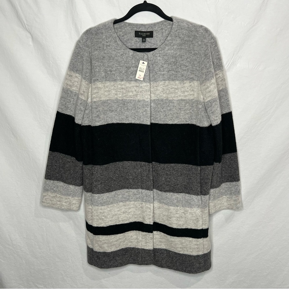 NWT Talbots Wool Blend Sweater Coat Gray Stripe Longline Size XL Petite $199 NEW